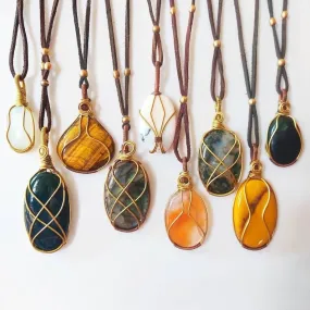 Shanti Shop - Handmade Wire Wrapped Crystal Gemstone Pendant Necklaces with Leather