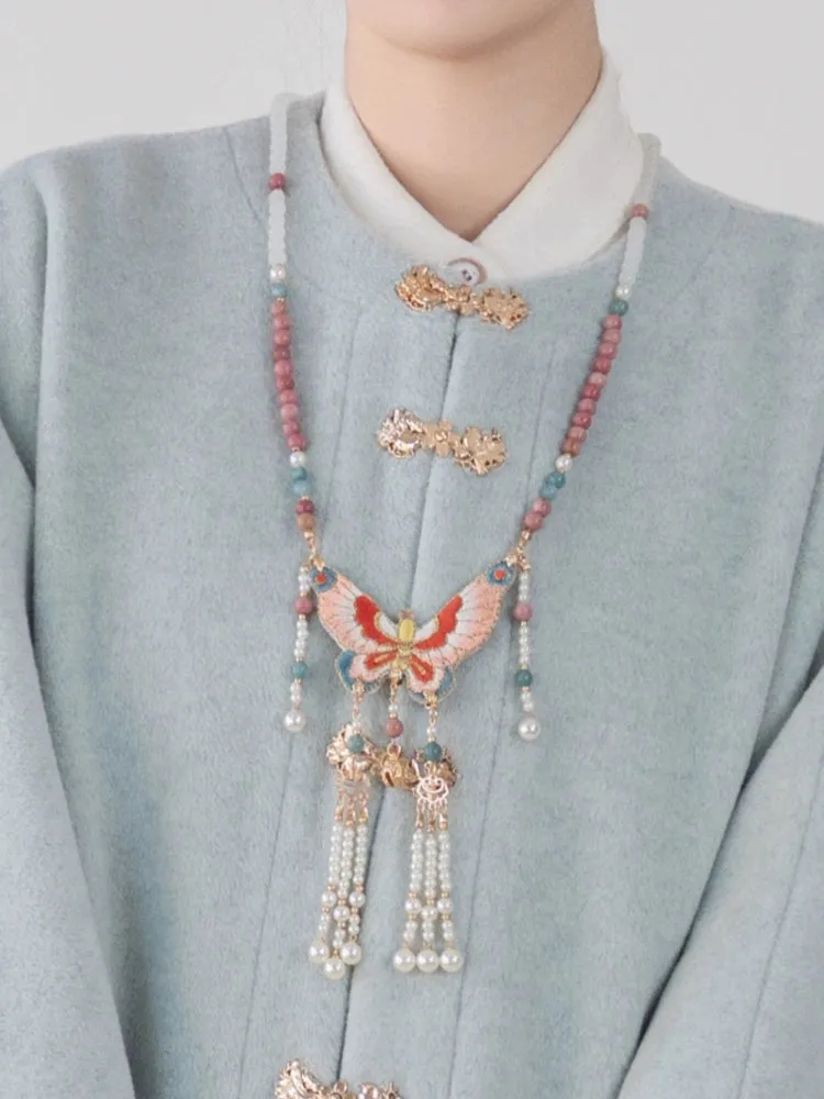 Silent Rose 蔷薇不语 Ming Dynasty Embroidered Butterfly Pearl Back Cloud Necklace