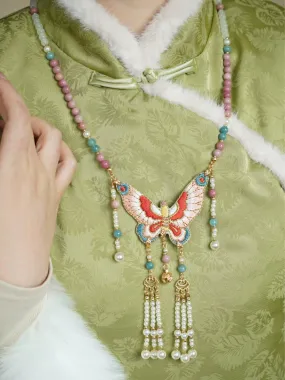 Silent Rose 蔷薇不语 Ming Dynasty Embroidered Butterfly Pearl Back Cloud Necklace