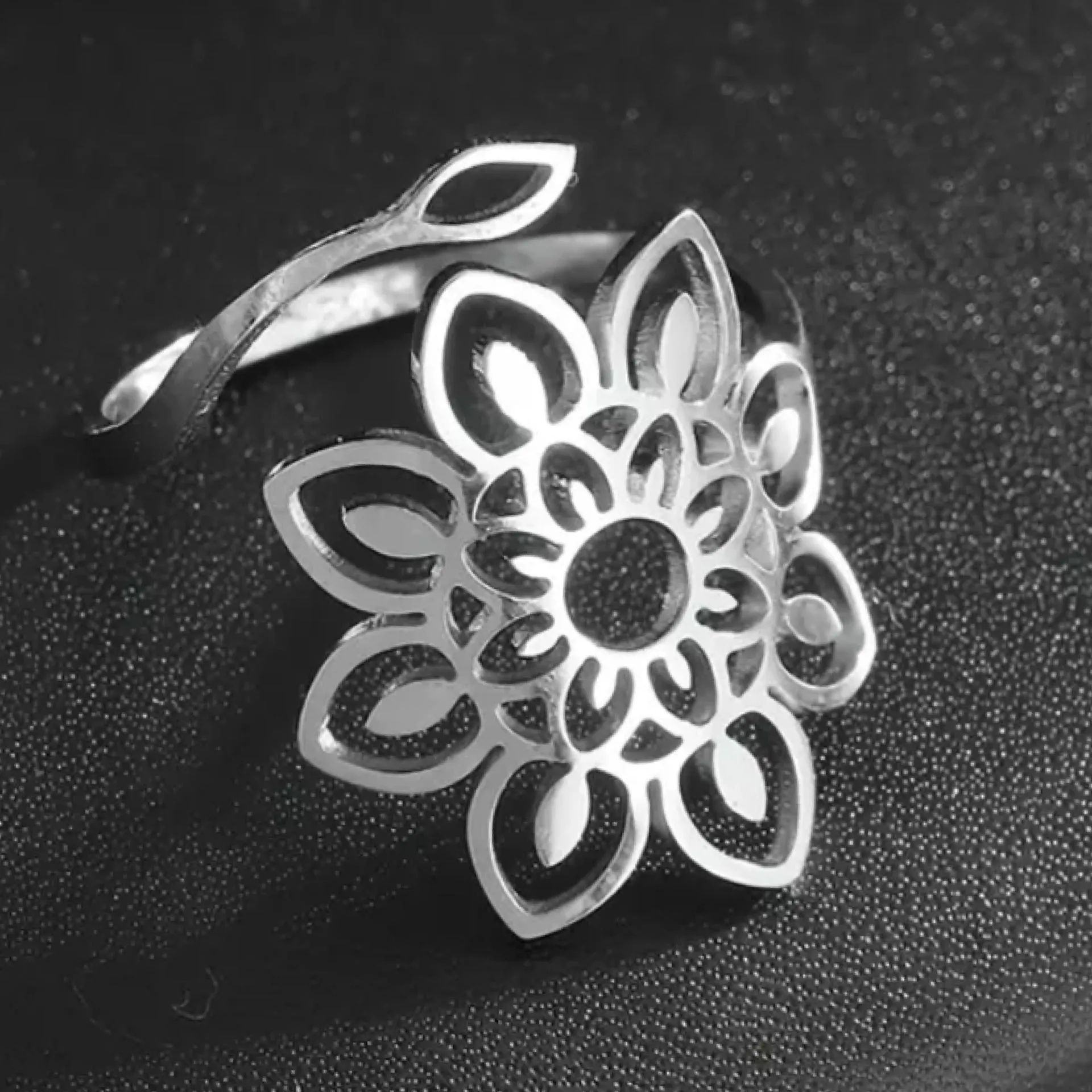 Silver Boho Mandala Flower Ring