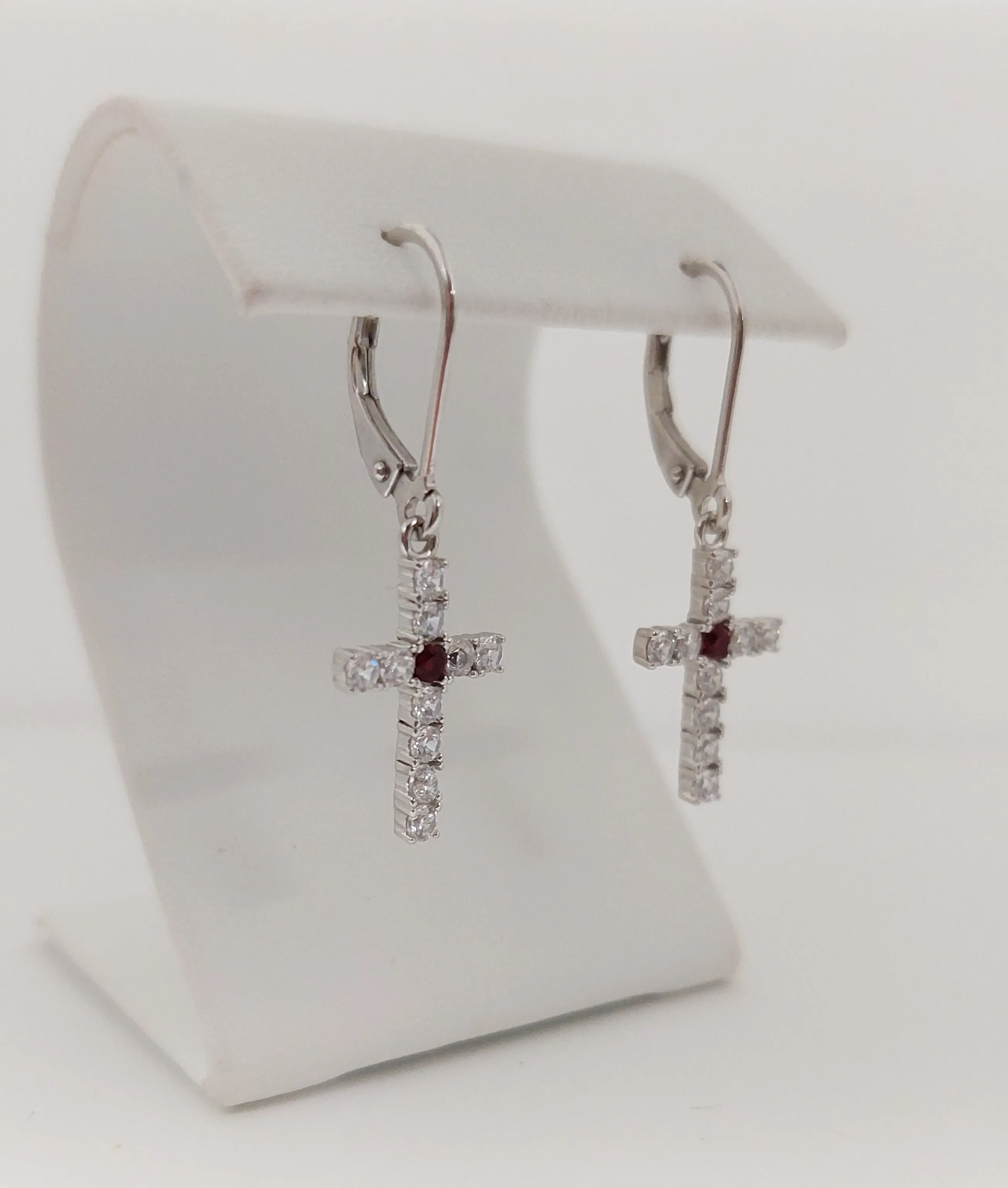 Silver Simulated July/Diamond Cross Earrings