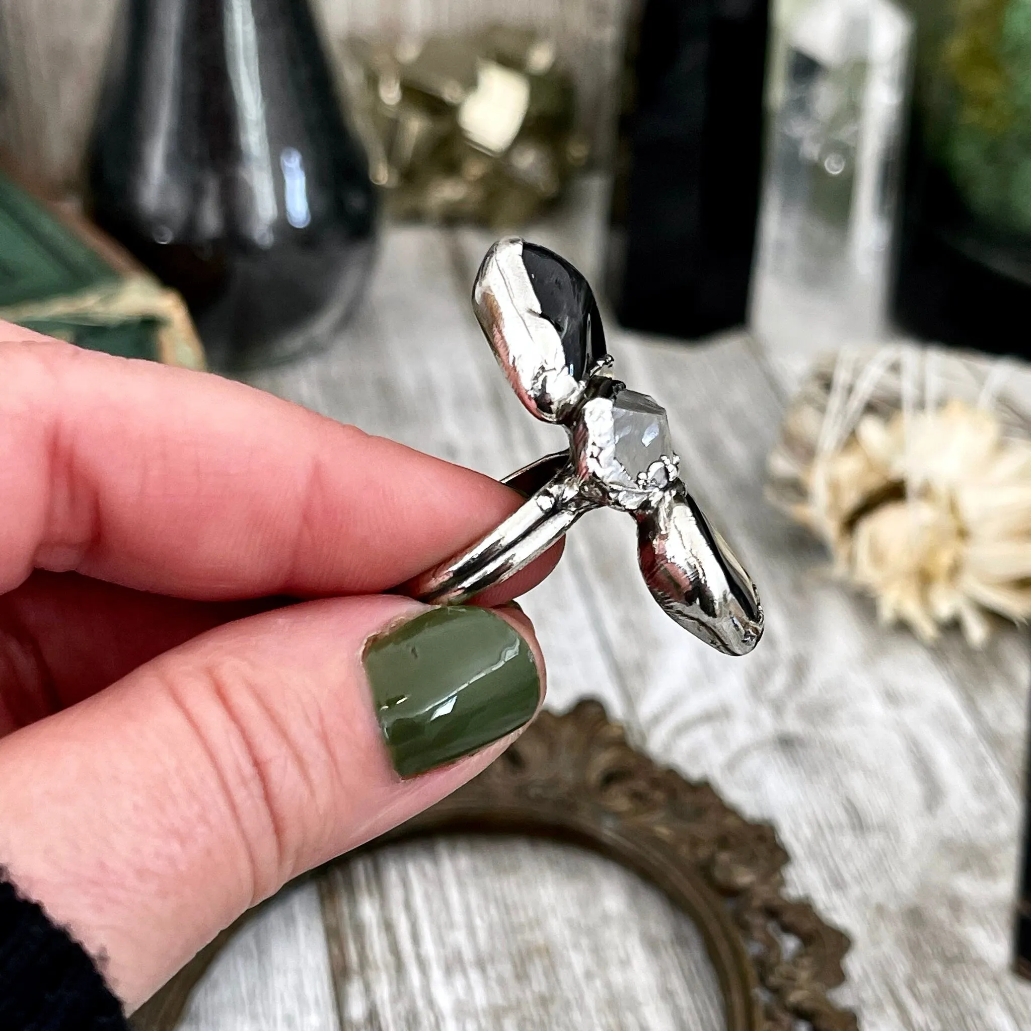 Size 8 Crystal Ring - Three Stone Black Onyx Clear Quartz Ring in Silver / Foxlark Collection - One of a Kind