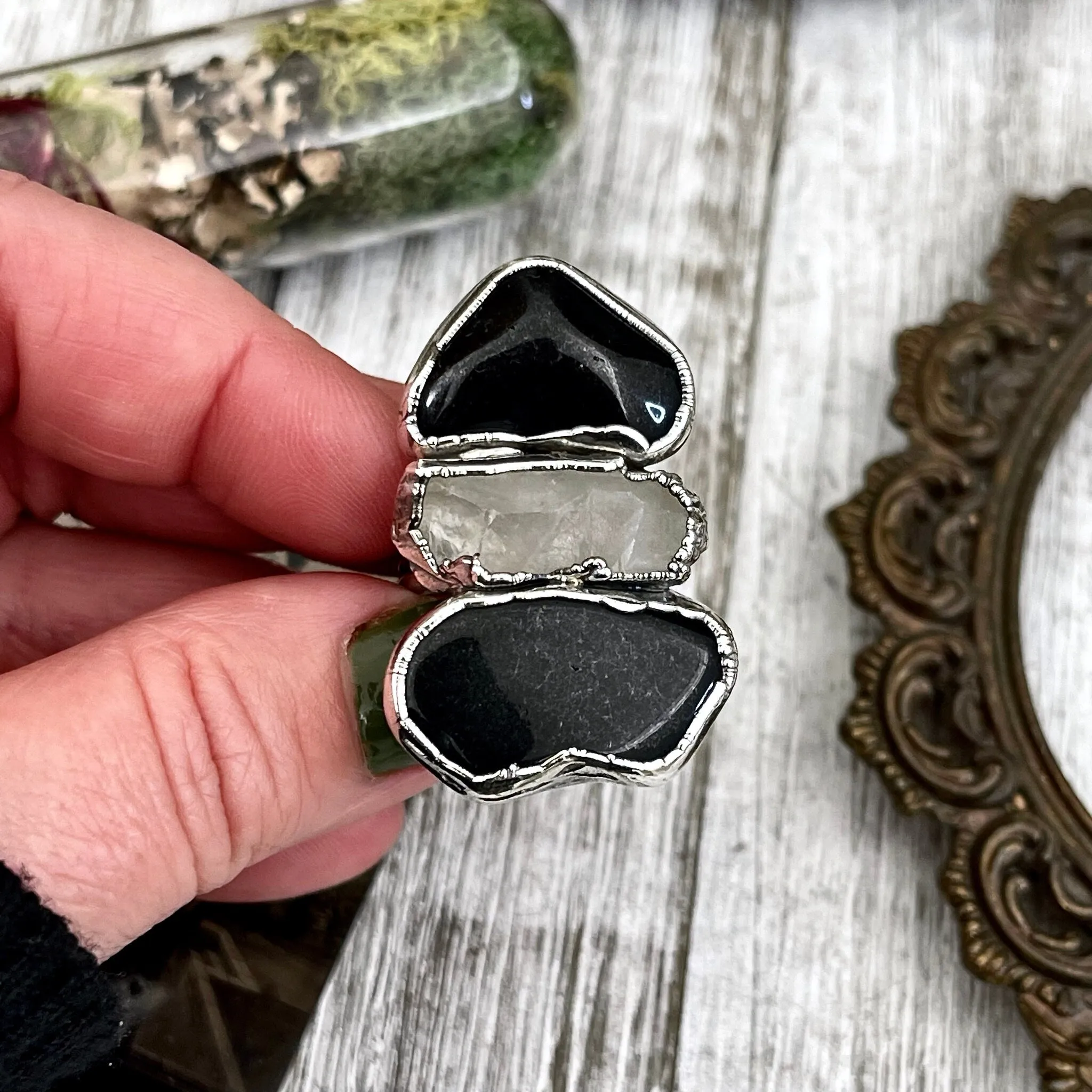 Size 8 Crystal Ring - Three Stone Black Onyx Clear Quartz Ring in Silver / Foxlark Collection - One of a Kind