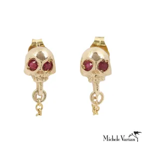 Skull Stud Chain Earrings with Ruby Eyes