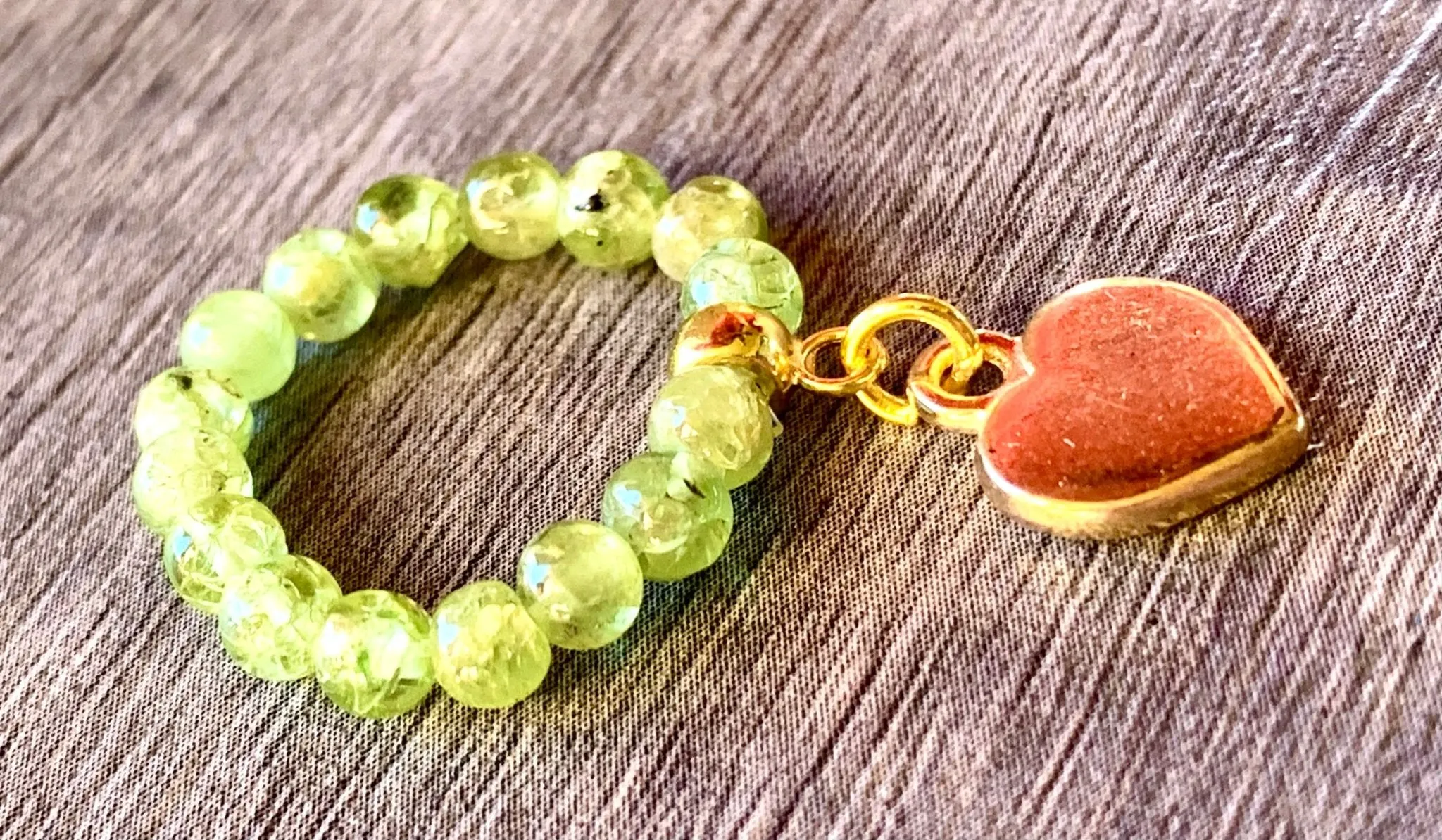 🔴SOLD🔴Gigi Handmade Peridot Beaded Expandable Ring with Heart Charm