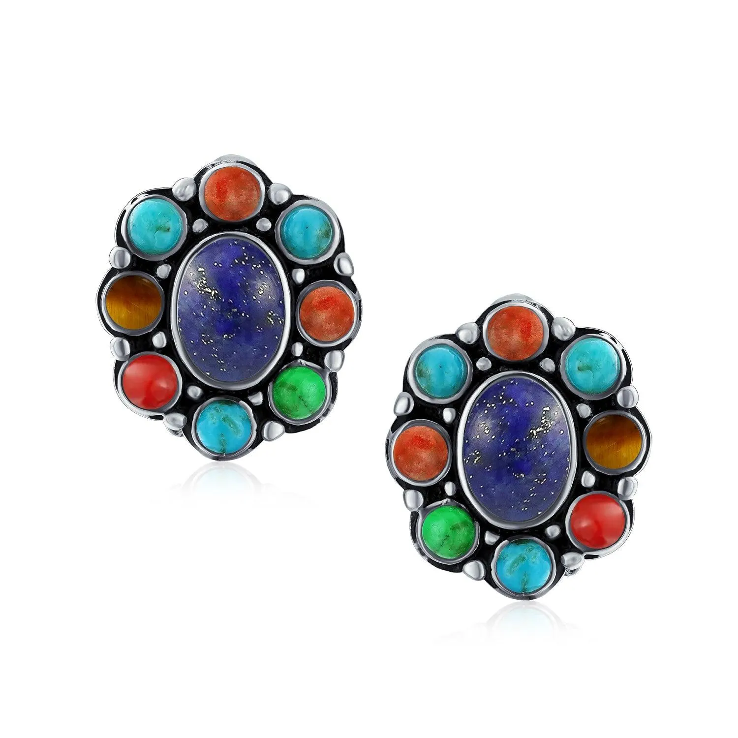 Southwestern Lapis Turquoise Cabochon Clip-On Earrings for Non-Pierced Ears Silver