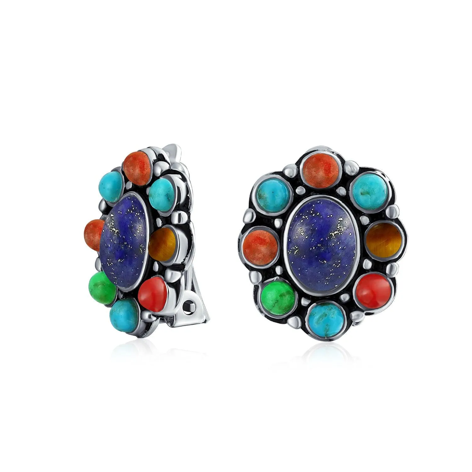 Southwestern Lapis Turquoise Cabochon Clip-On Earrings for Non-Pierced Ears Silver