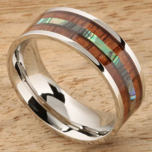 Stainless Steel Natural Koa Wood and Abalone Triple Row Flat Wedding Ring 8mm