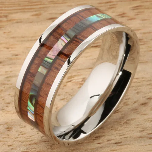 Stainless Steel Natural Koa Wood and Abalone Triple Row Flat Wedding Ring 8mm