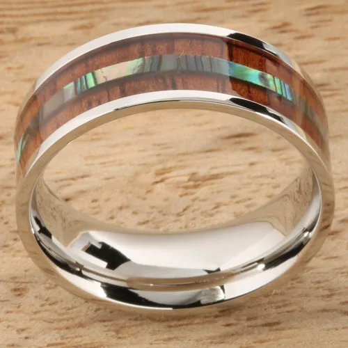 Stainless Steel Natural Koa Wood and Abalone Triple Row Flat Wedding Ring 8mm