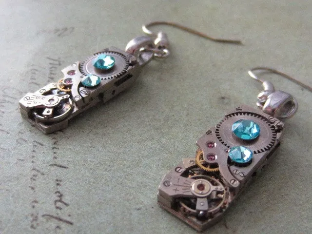 Steampunk - Aque Marine - Steampunk Earrings - Repurposed art