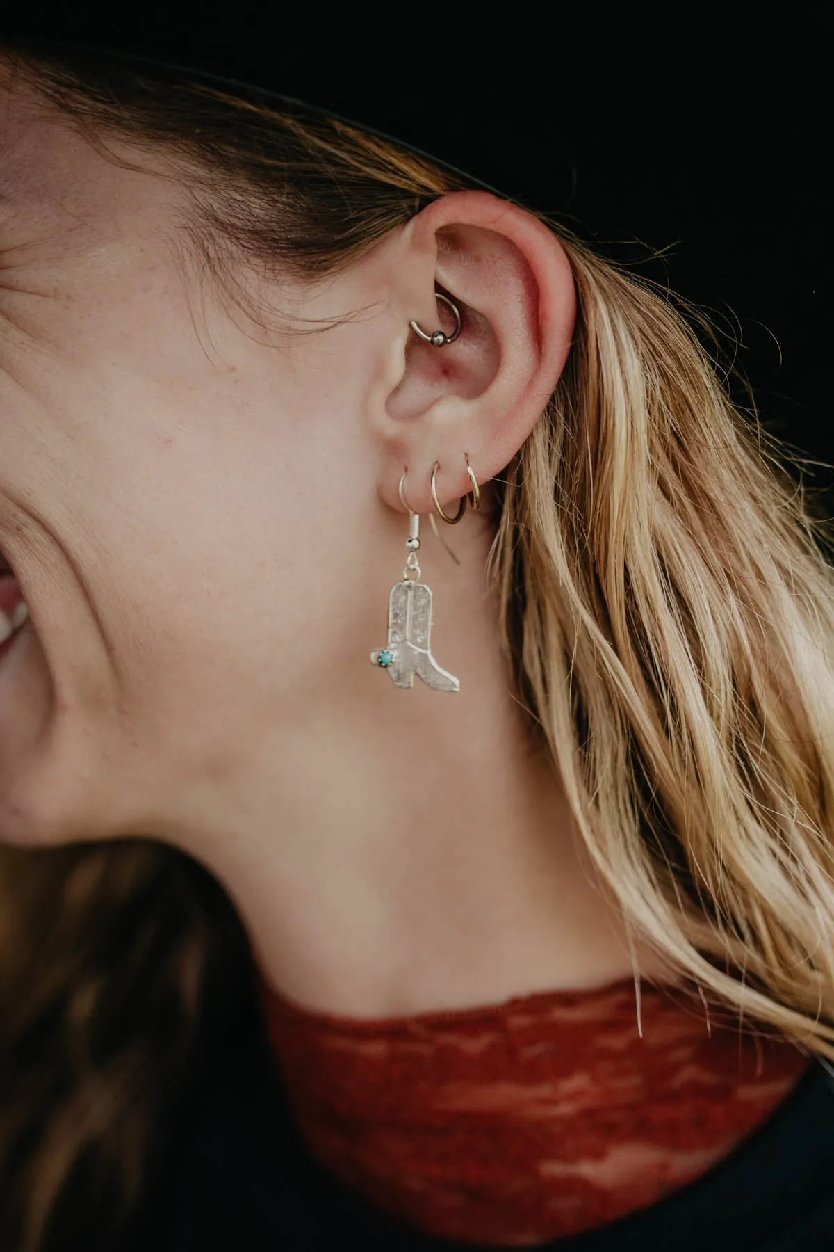 Sterling Boot Dangle Earrings with Turquoise Accent