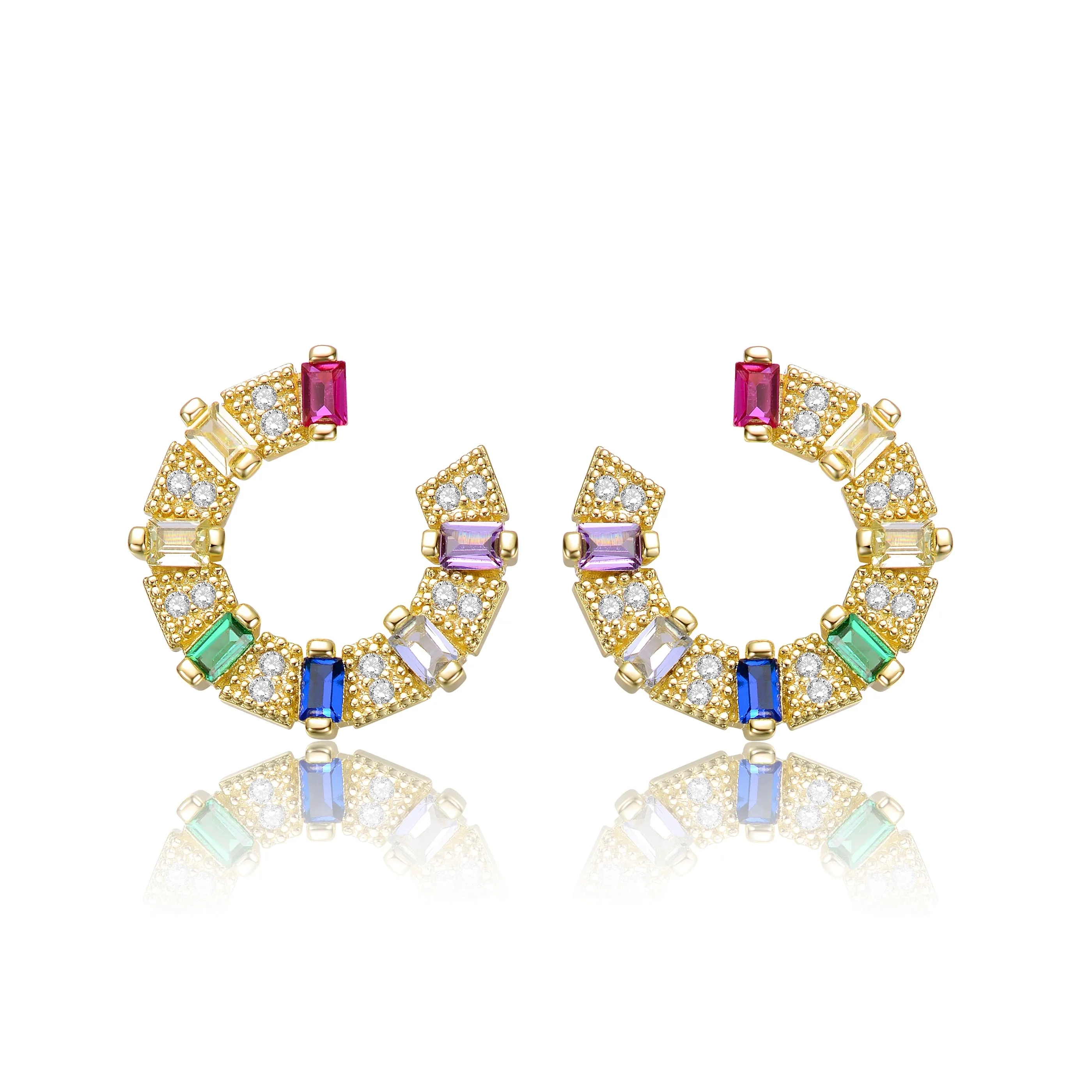 Sterling Silver 14k Gold Plated Rainbow & White Cubic Zirconia Front-Facing C-Hoop Earrings