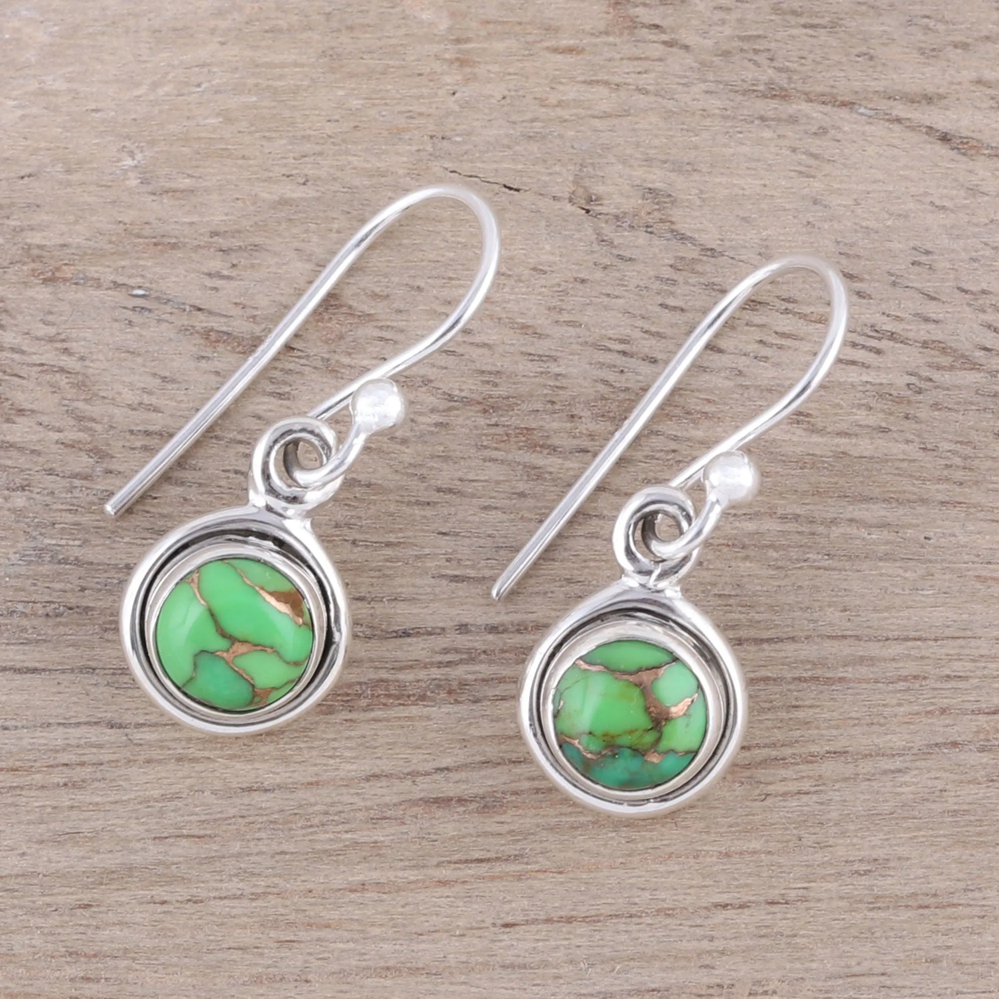 Sterling Silver and Green Composite Turquoise Earrings - Adorable Moon in Green | NOVICA