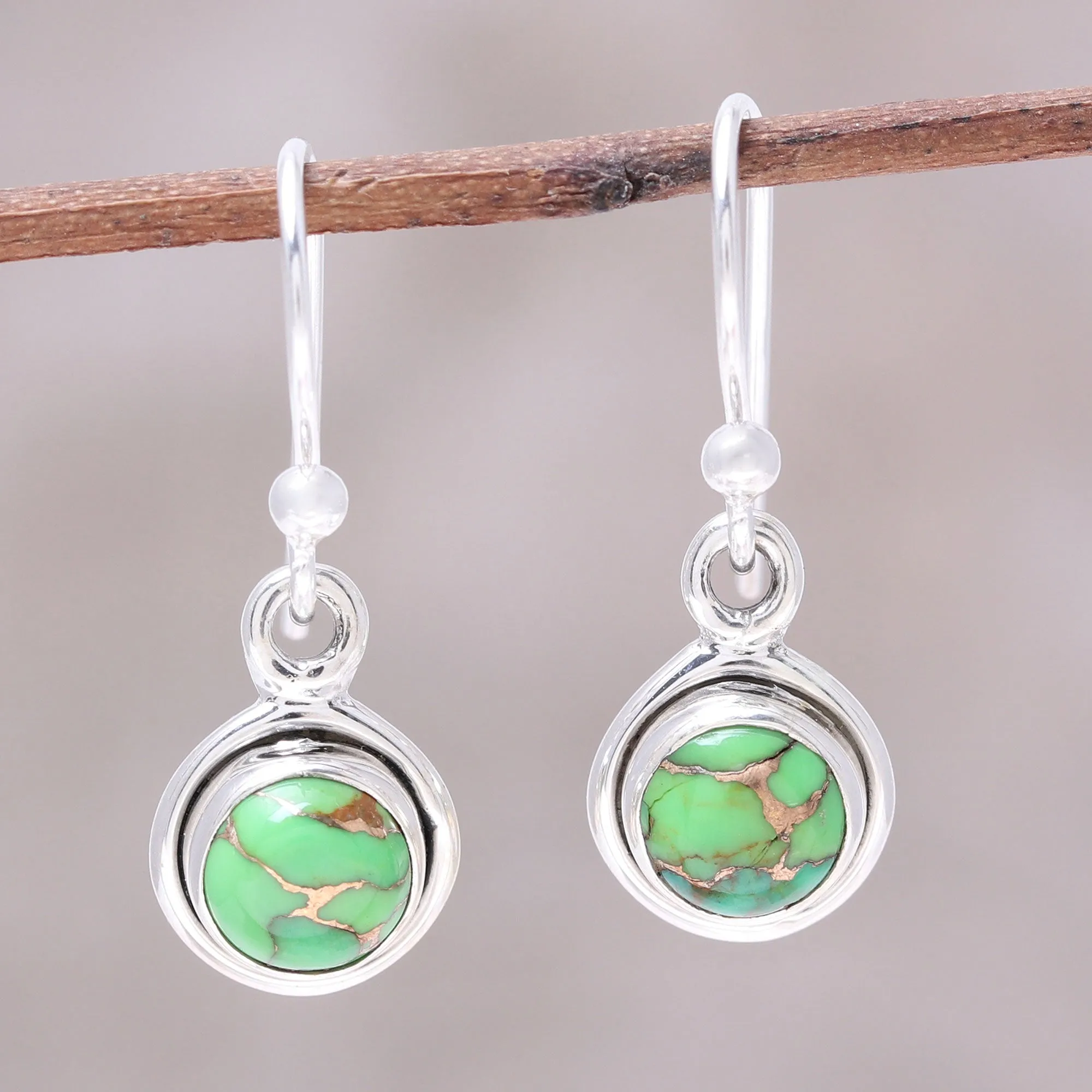 Sterling Silver and Green Composite Turquoise Earrings - Adorable Moon in Green | NOVICA