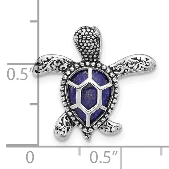 Sterling Silver Antiqued Finish Lapis Turtle Chain Slide Pendant