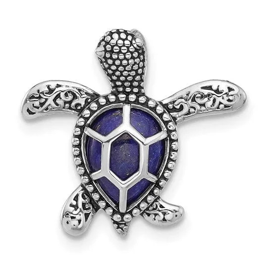 Sterling Silver Antiqued Finish Lapis Turtle Chain Slide Pendant