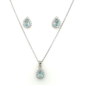 Sterling Silver Aquamarine And Cz Earring And Pendant Set