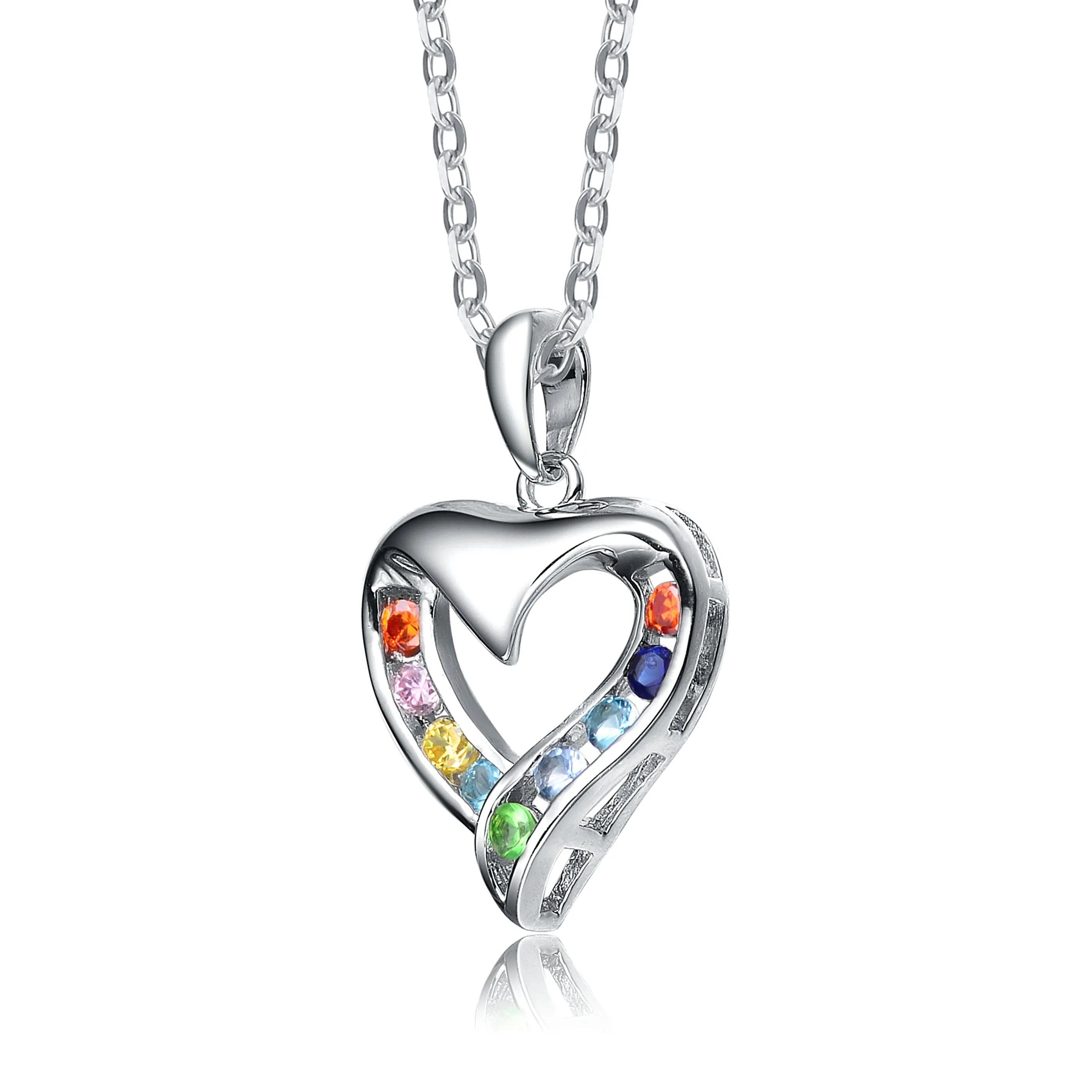 Sterling Silver Cubic Zirconia and Burnt Amber Blue White Green and Yellow Cubic Zirconia Heart Pendant Necklace