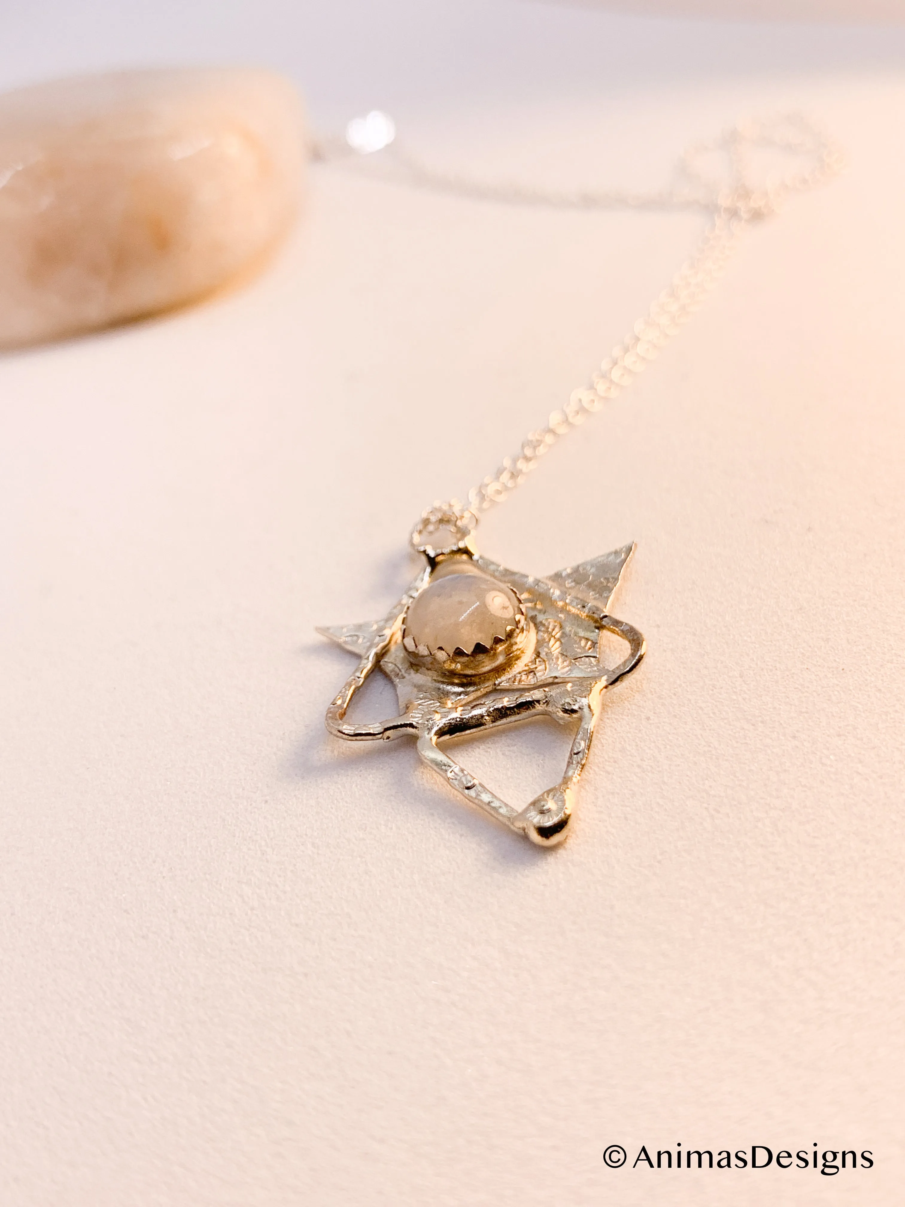 Sterling Silver Fused Star Pyramid Triangle Necklace with Moonstone.