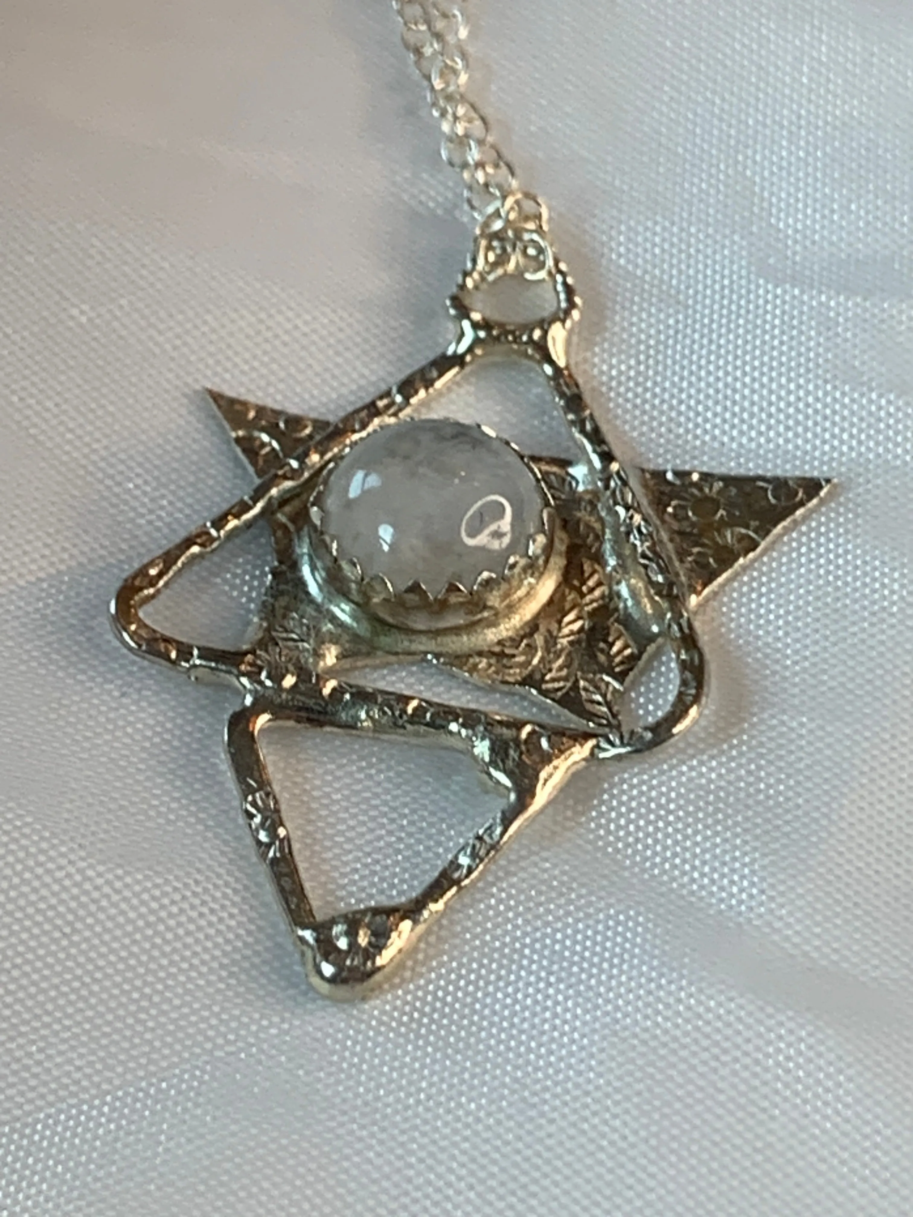 Sterling Silver Fused Star Pyramid Triangle Necklace with Moonstone.