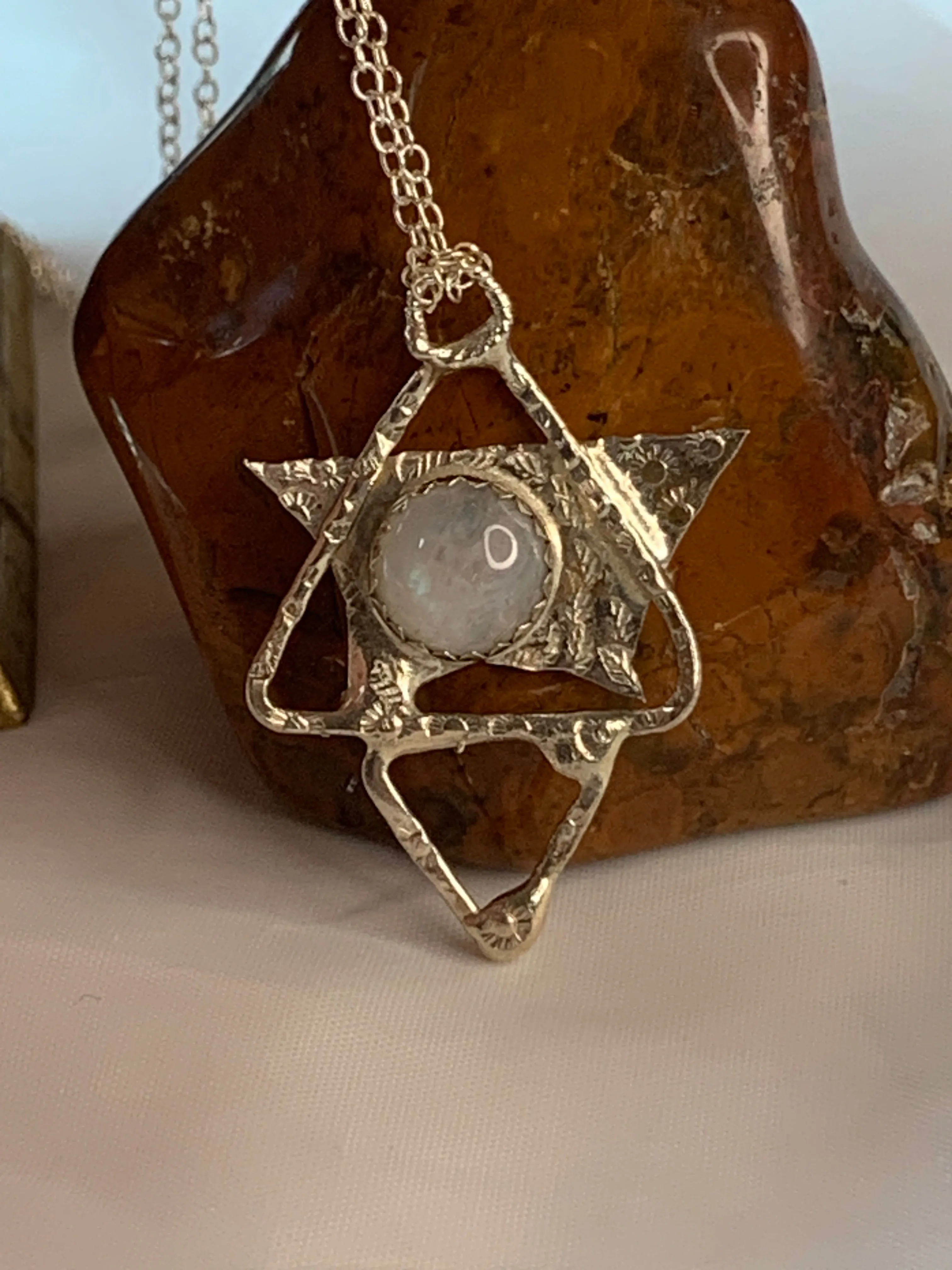 Sterling Silver Fused Star Pyramid Triangle Necklace with Moonstone.