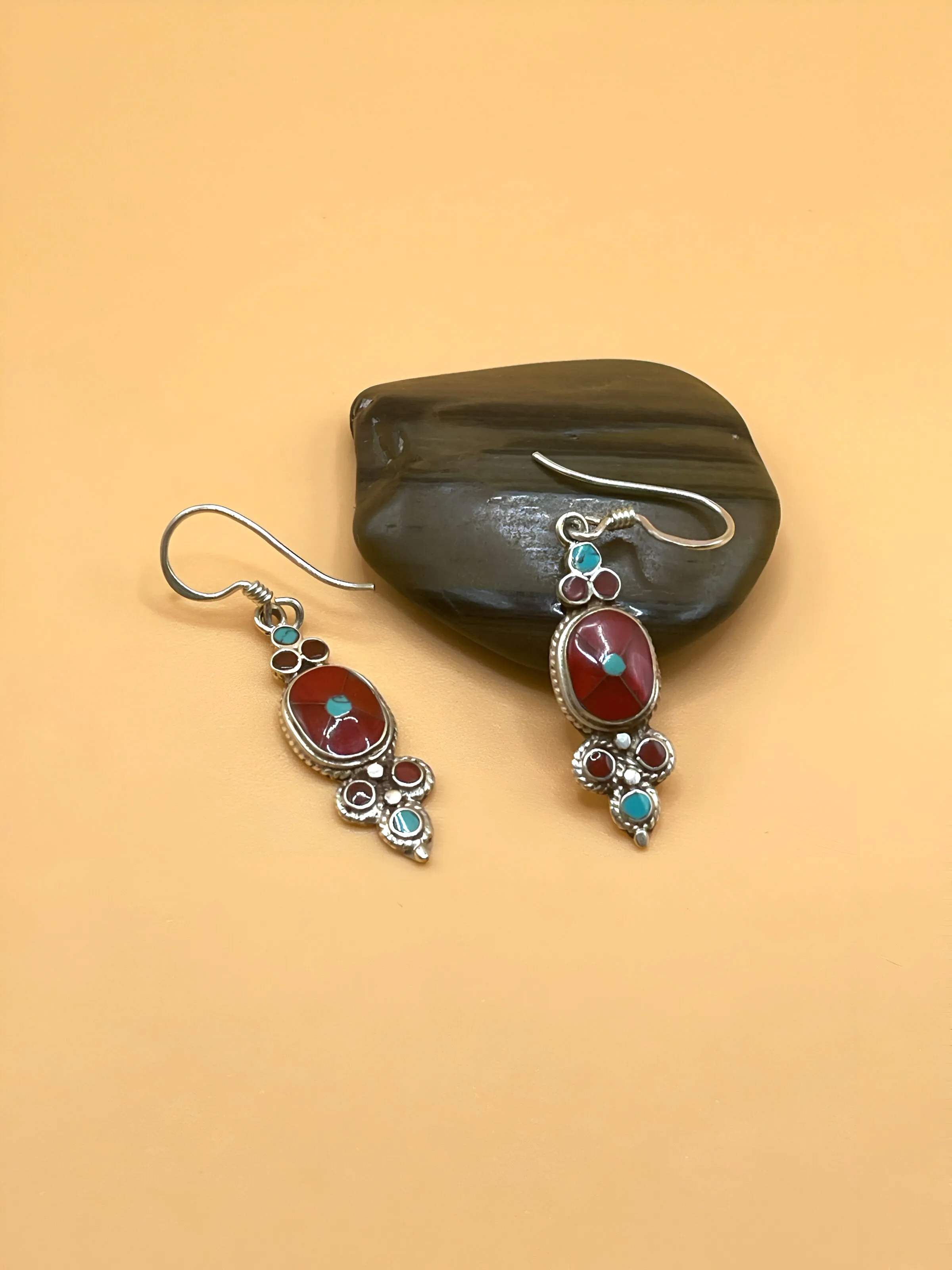 Sterling Silver Gemstone Tibetan Oval Shape Earrings