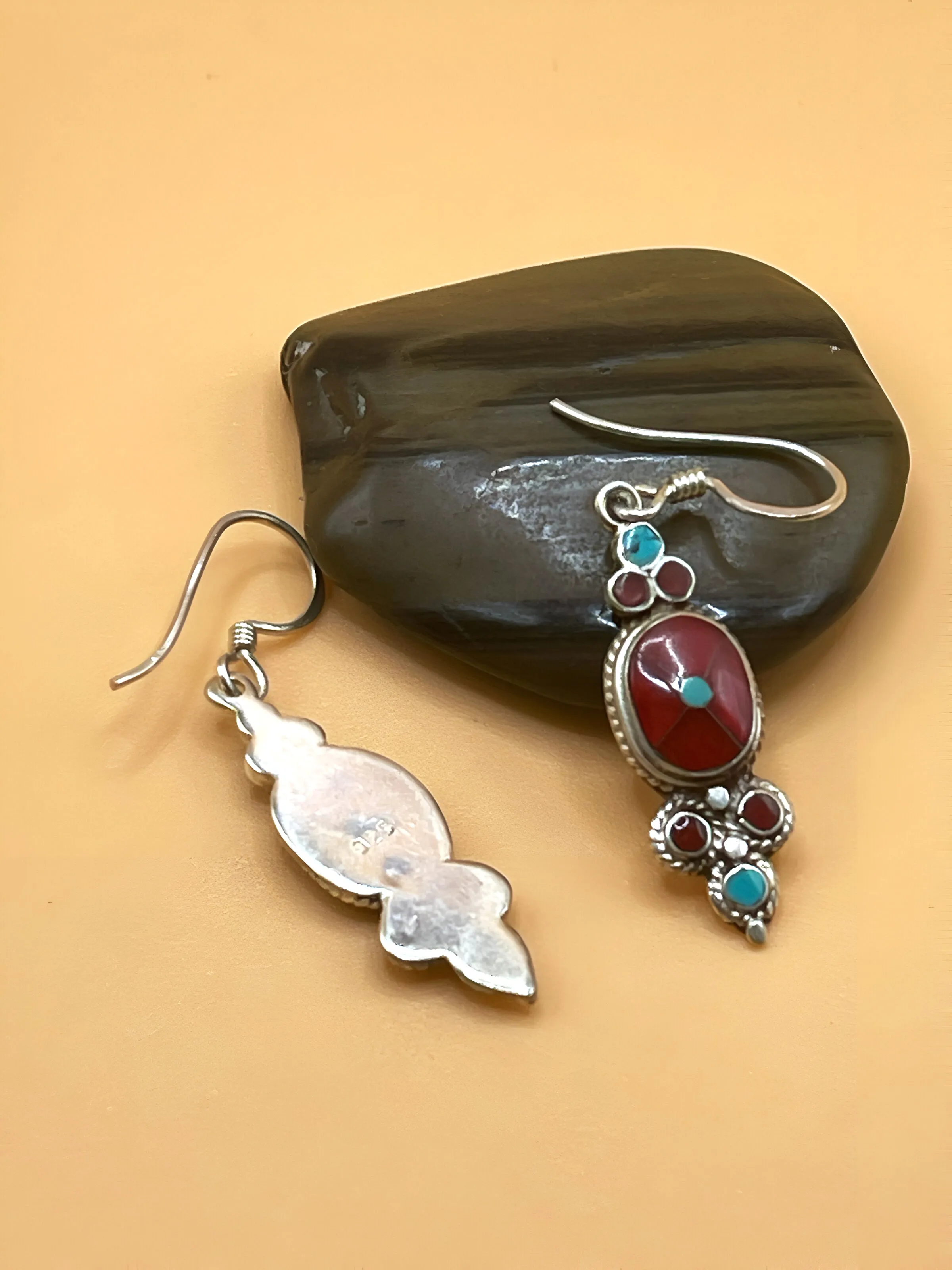 Sterling Silver Gemstone Tibetan Oval Shape Earrings