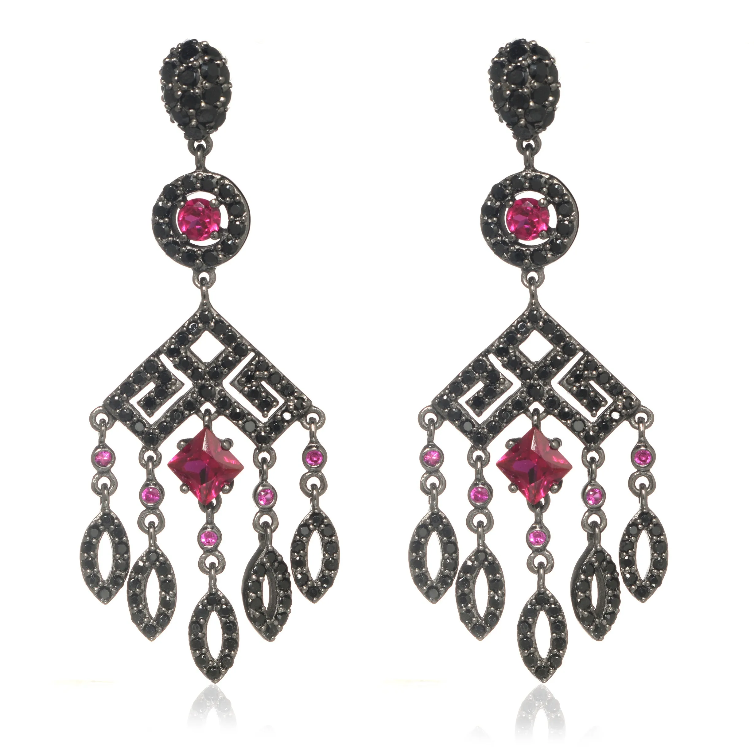 Sterling Silver Hematite Ruby CZ Chandelier Drop Earring