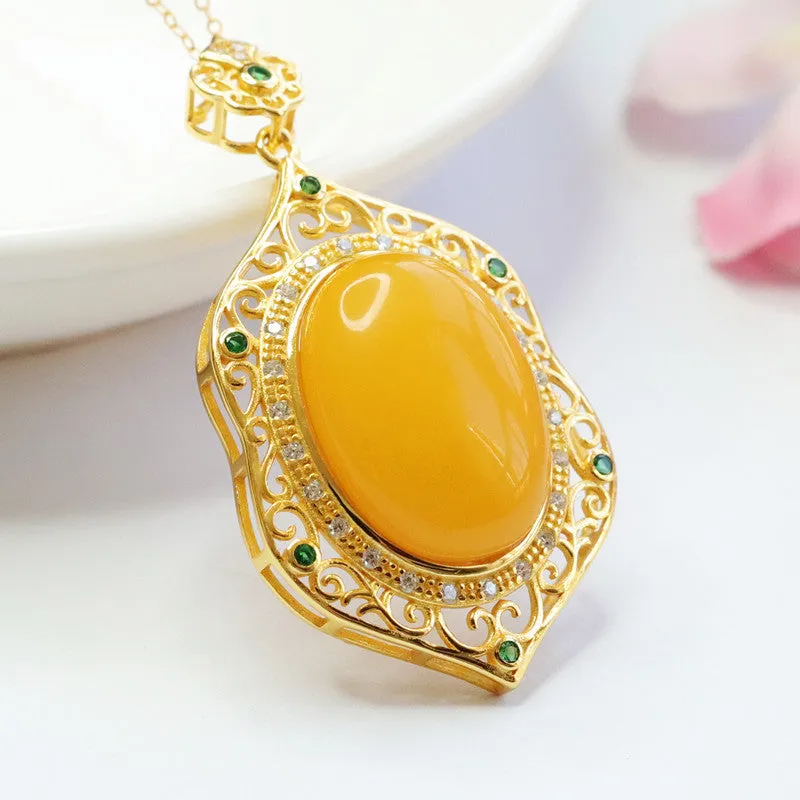 Sterling Silver Necklace with Amber Pendant and Green Zircon Detail