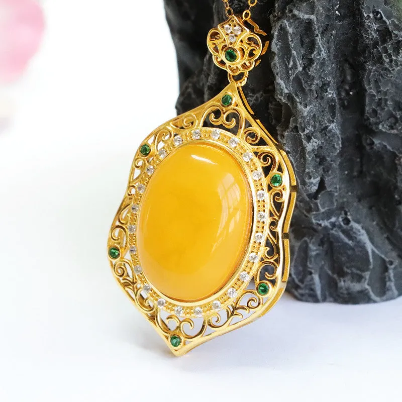 Sterling Silver Necklace with Amber Pendant and Green Zircon Detail