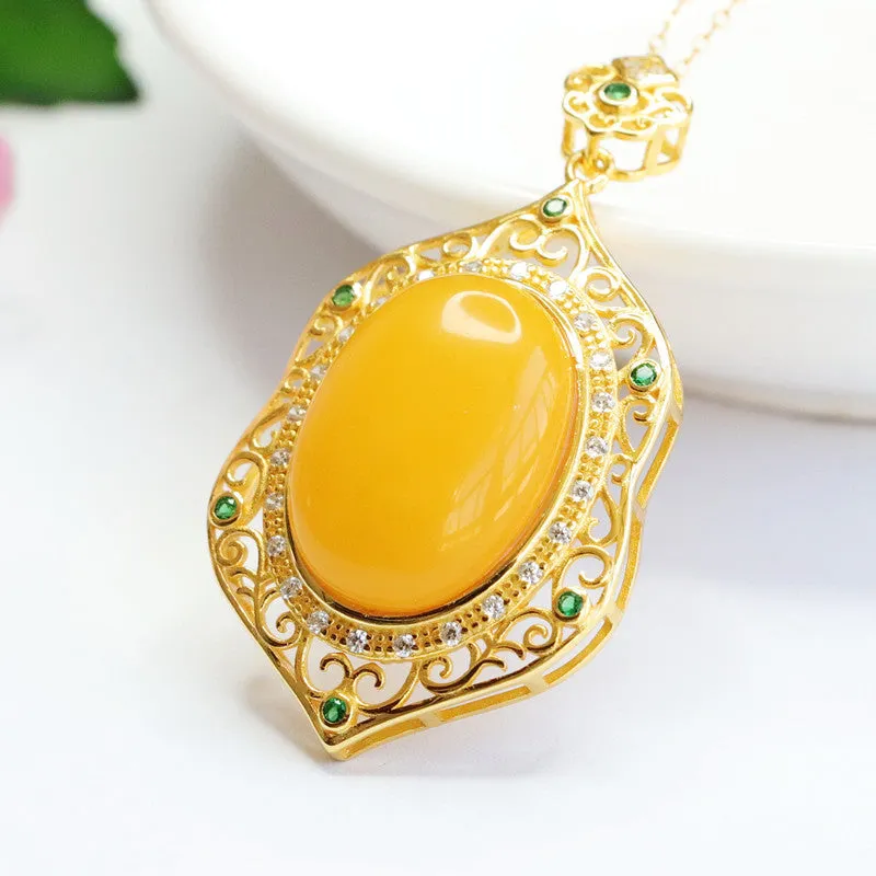 Sterling Silver Necklace with Amber Pendant and Green Zircon Detail