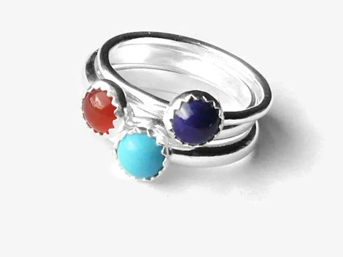 Sterling silver ring turquoise, lapis lazuli, carnelian • Silver stacking rings with stone • Gemstone stacking rings set