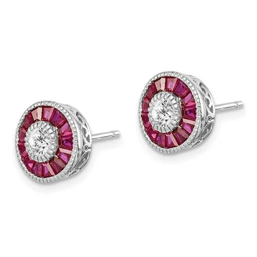 Sterling Silver Round Created Ruby & CZ Halo Post Earrings