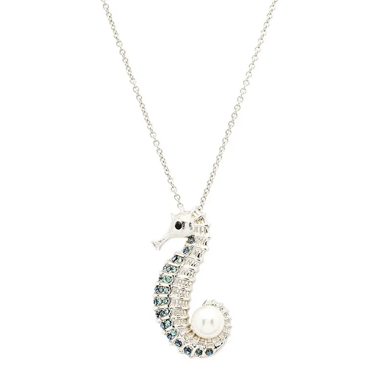 Sterling Silver Seahorse Pearl Necklace with Sapphire Crystals