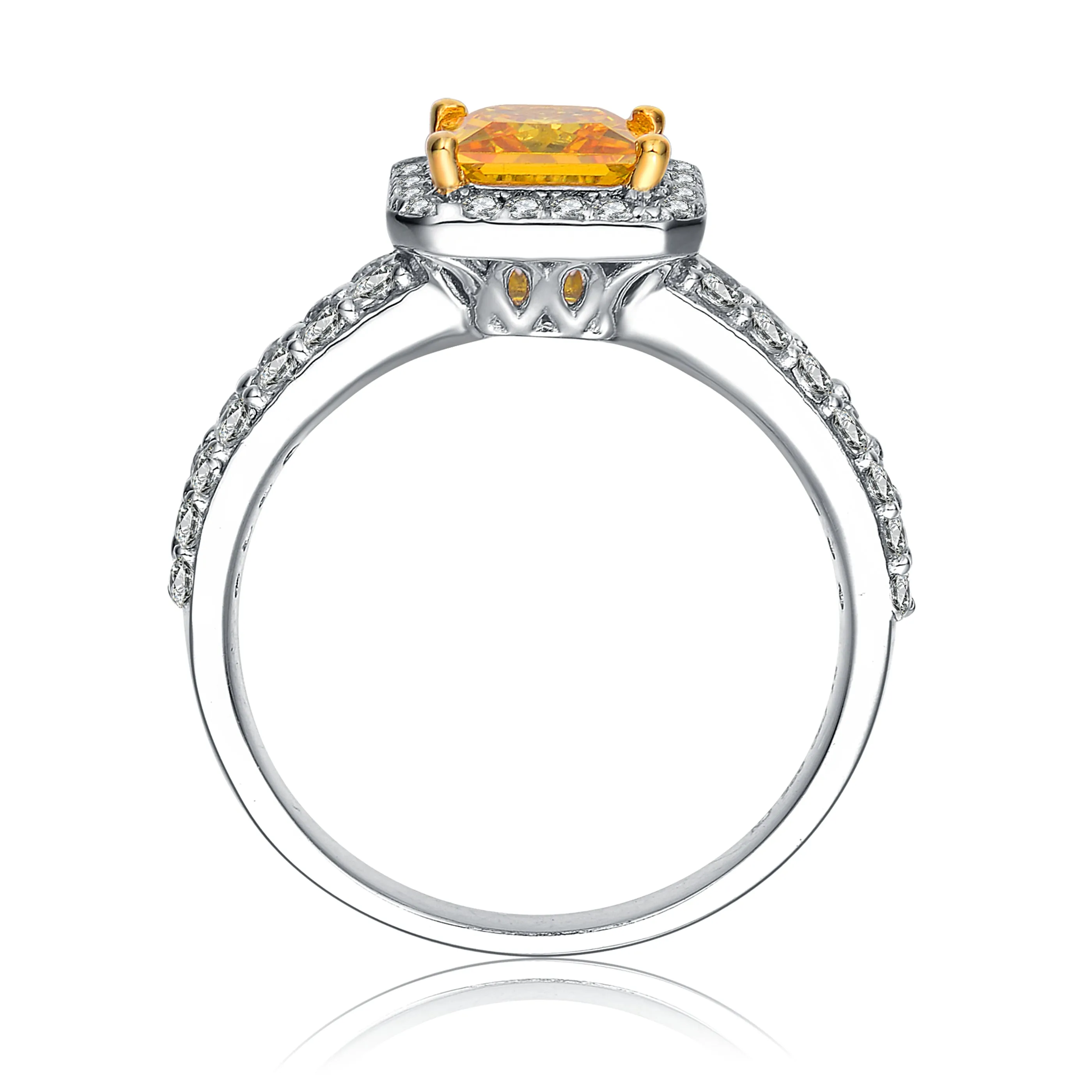 Sterling Silver Yellow Cubic Zirconia Brilliant Cut Halo Ring (Double Band)