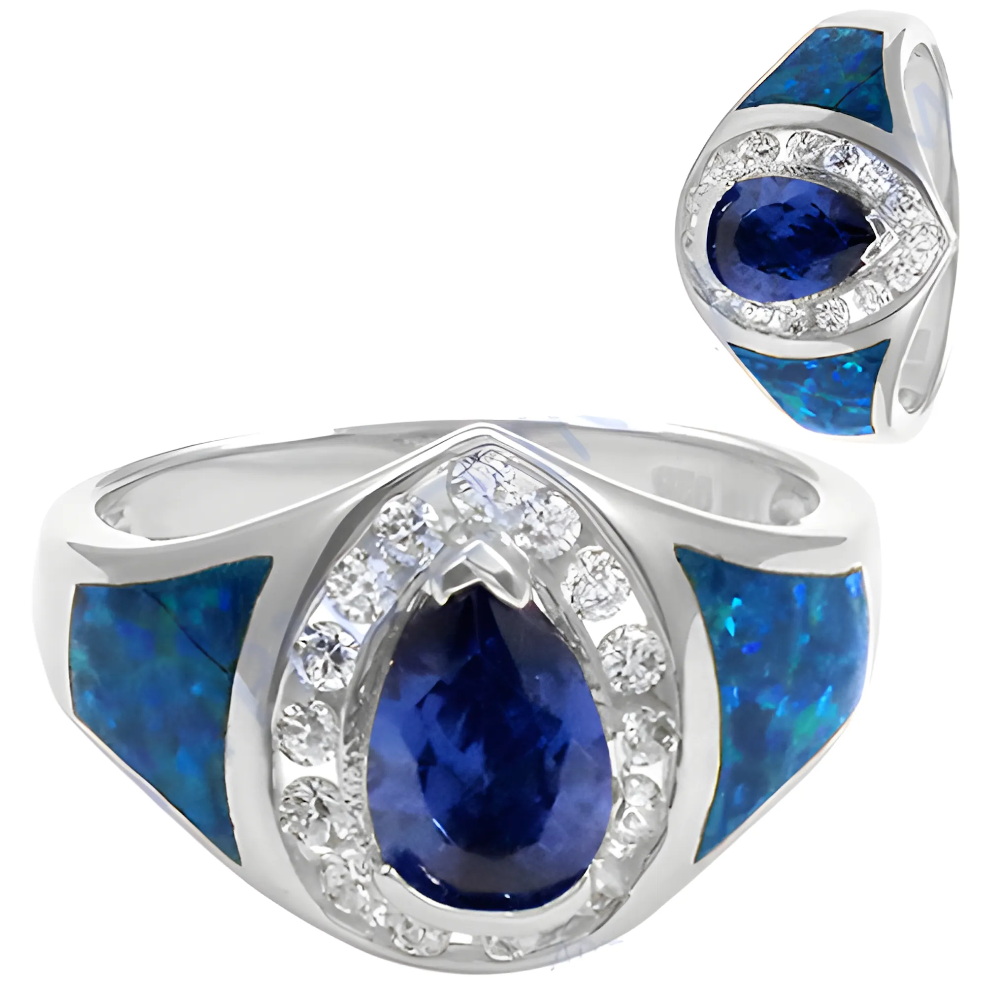 Stunning Adjustable Romantic Blue CZ Gemstone Silver Ring - Gorgeous Inlay Design