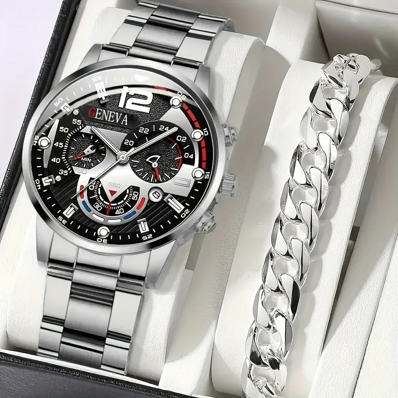 Stylish Mens Quartz Watch  Bracelet Set  Perfect Gift