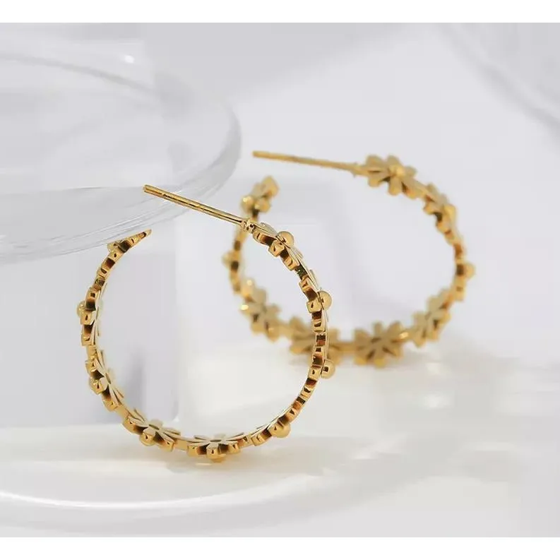 Sunflower Round Gold Hoops - Stainless Steel