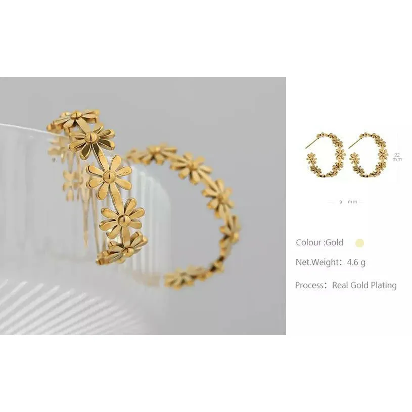 Sunflower Round Gold Hoops - Stainless Steel