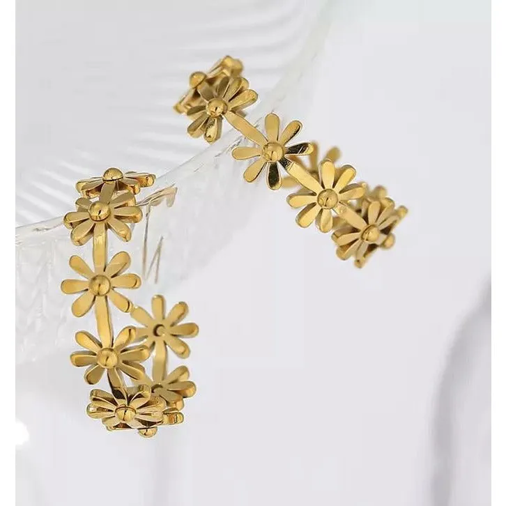 Sunflower Round Gold Hoops - Stainless Steel