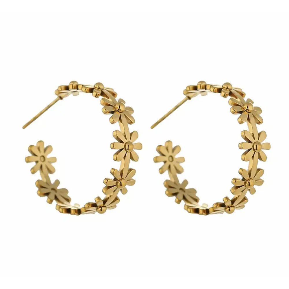 Sunflower Round Gold Hoops - Stainless Steel