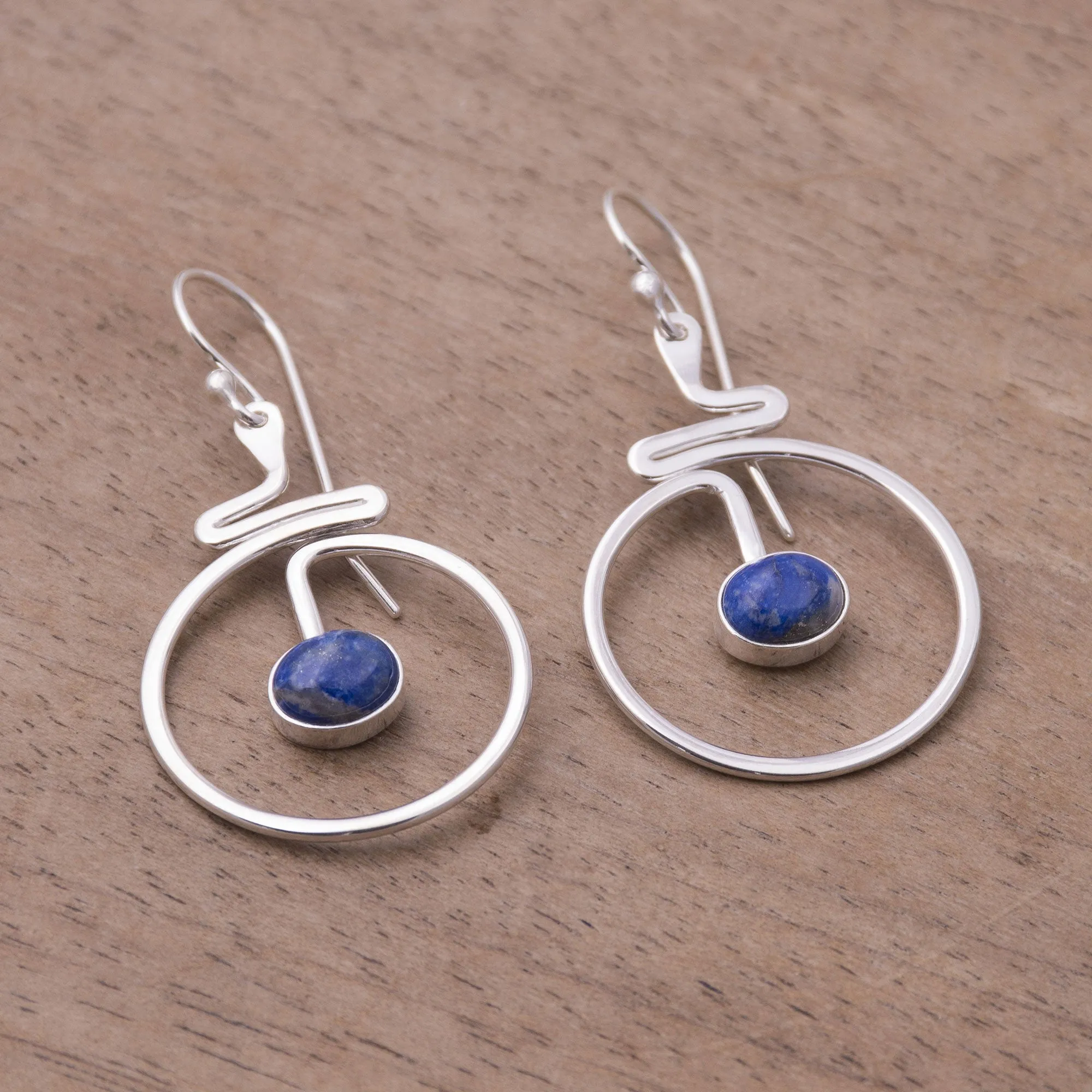 Swirling Moons Round Lapis Lazuli Dangle Earrings from Peru