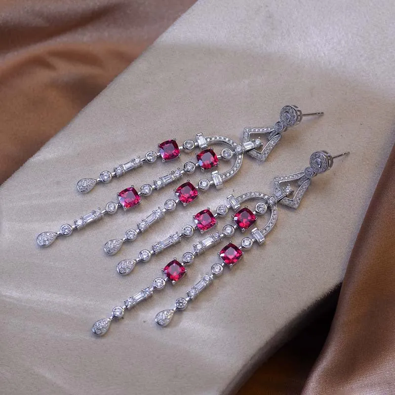 Tassels Lab-Created Ruby Silver Drop Earrings