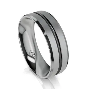 The Grey Zirconium and Black Zirconium Grooved Bevelled Edge Wedding Ring - Comfort Fit (IN1383)