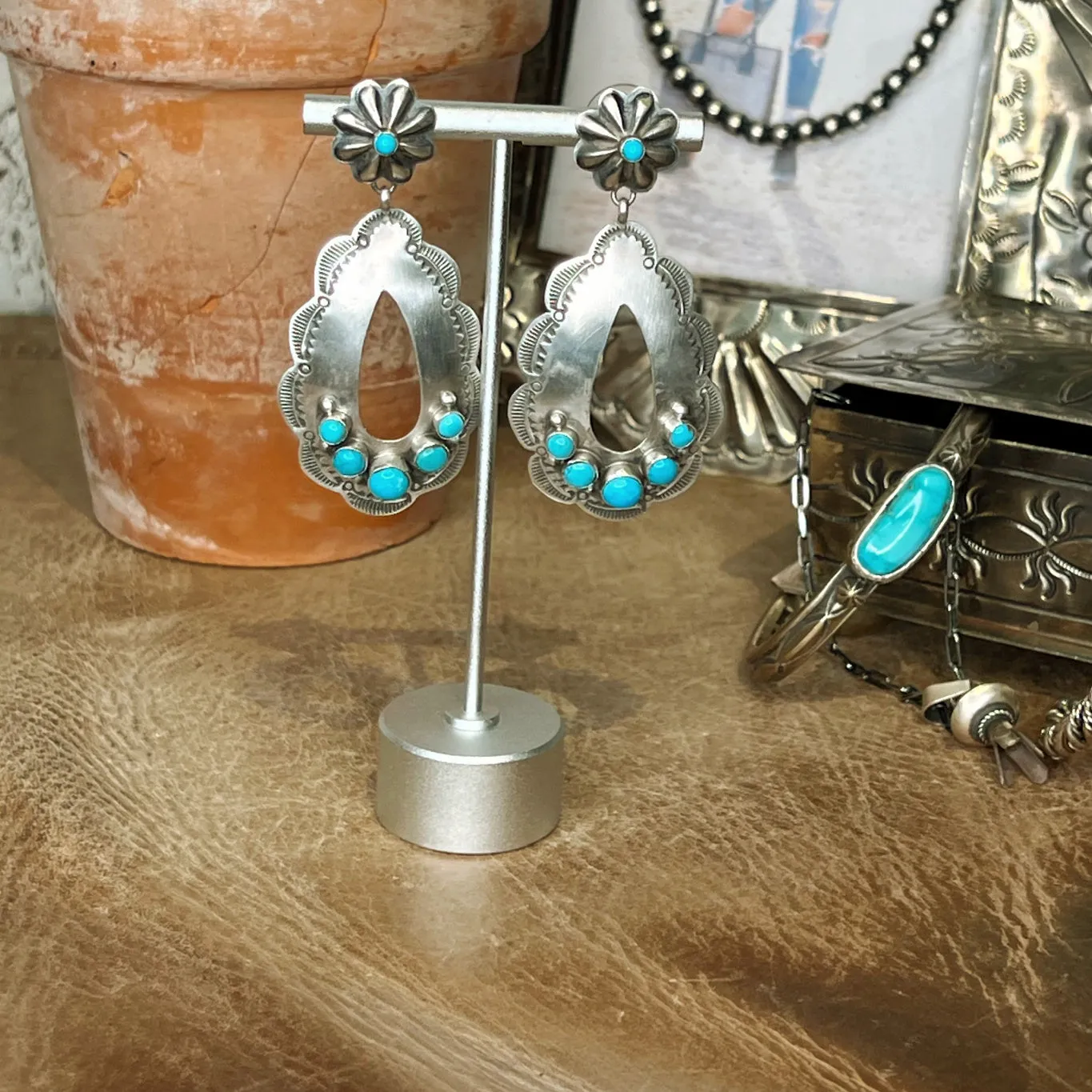 The Sterling Silver & Turquoise Concho Teardrop Earrings