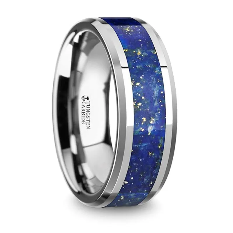 Thorsten Osias Polished Tungsten Wedding Band w/ Blue Lapis Inlay & Beveled Edges (8mm) W5723-TCGO