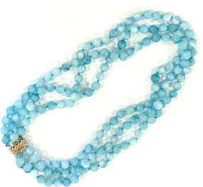 Timeless Blue Aquamarine Gemstones, Triple-Strand, Double-Knotted Statement Necklace