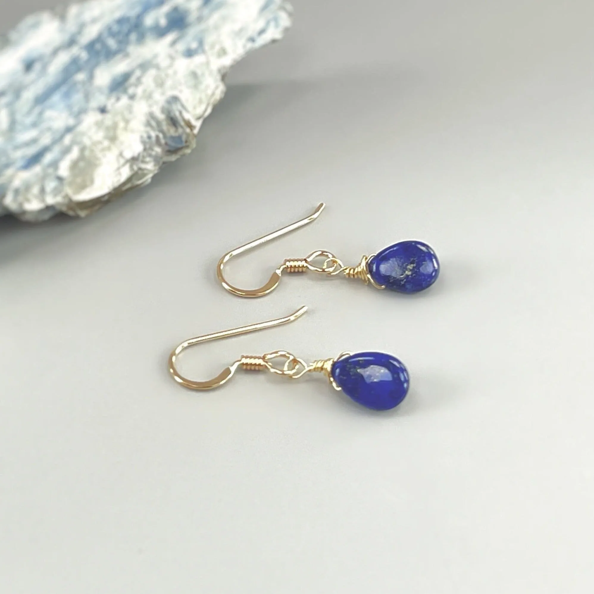 Tiny tear drops Dainty Lapis Lazuli earrings dangle 14k Gold fill, Sterling Silver