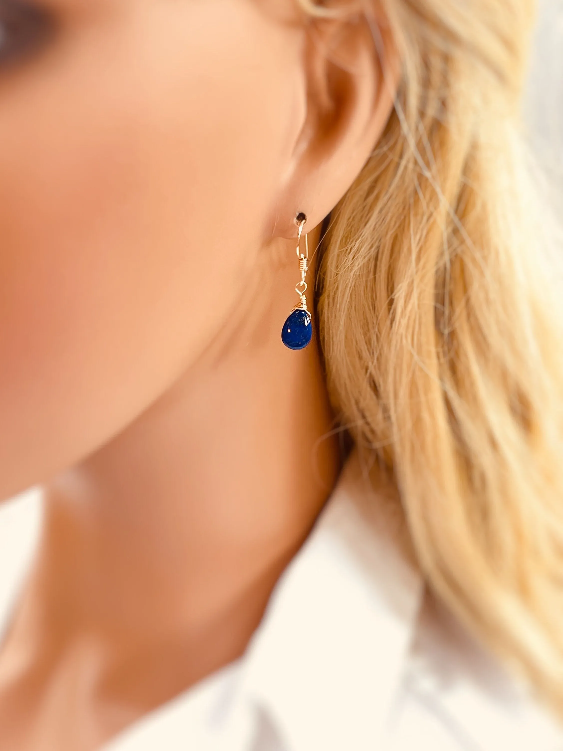 Tiny tear drops Dainty Lapis Lazuli earrings dangle 14k Gold fill, Sterling Silver